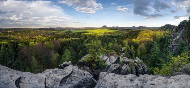 Grüner Hügel mit Bäumen, Felsen und blauem Himmel im Hintergrund.