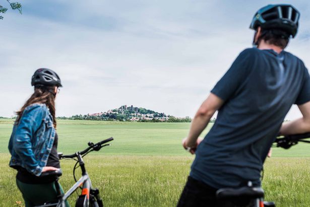 Zwei Radfahrer auf der Mittellandroute blicken über ein Feld zur Burg Stolpen, die über dem Horizont thront