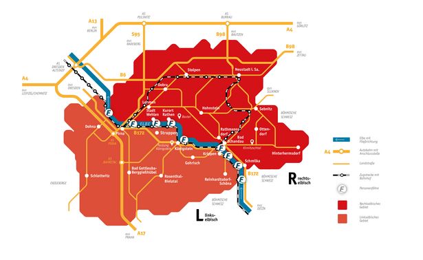 Diese Übersichtskarte zeigt die Möglichkeiten zur Anreise, markiert linkselbisch und rechtselbisch und enthält alle Personenfähren in der Region.